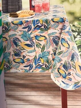 Tuscan & Leaf Print Tablecloth in Vibrant Blue, Greens, Pink, Yellow 60x102 inch